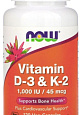 NOW Vitamin D-3 & K-2 1000 Me/45 мкг, 120 капс